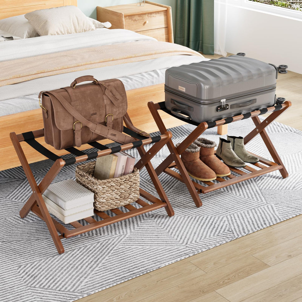 Smuxee walnut luggage rack, side view, showcasing compact space-saving design.