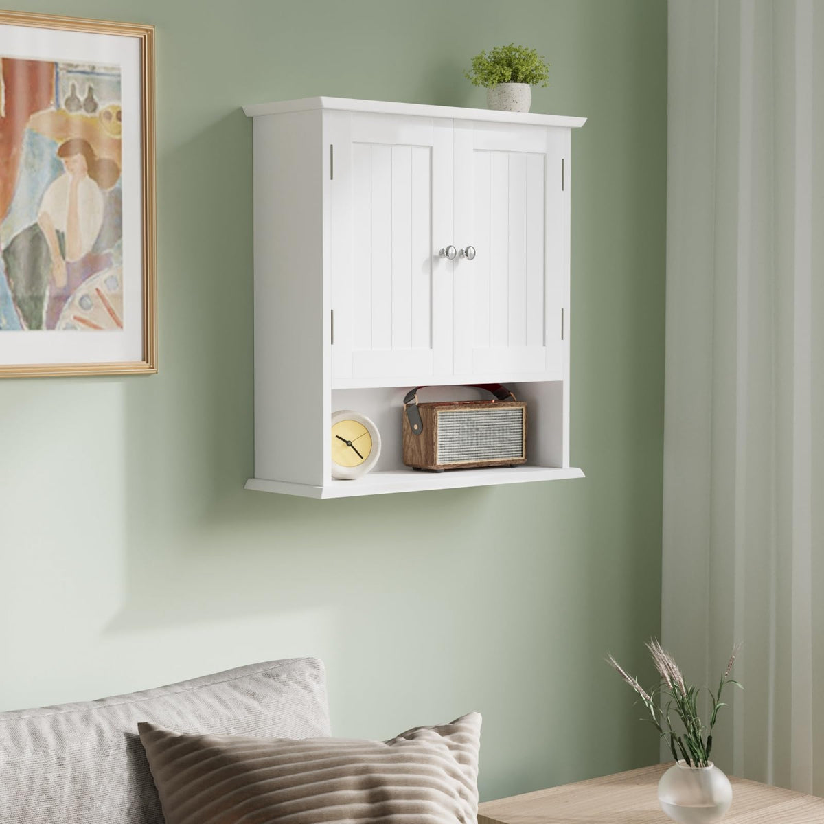 Smuxee vertical wall cabinet keeps towels and toiletries within arm's reach.