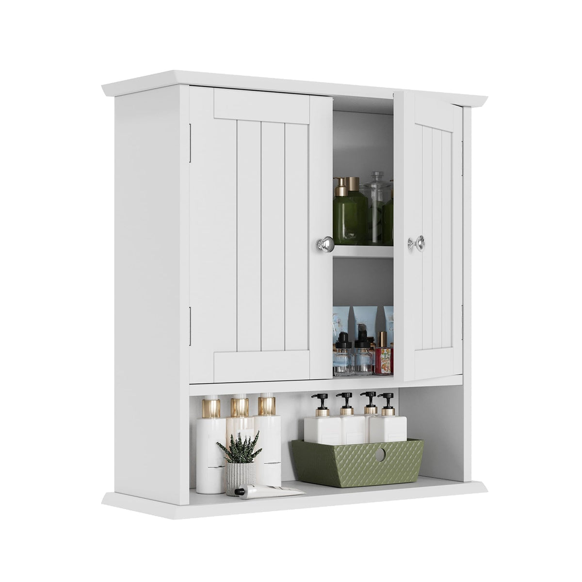 Smuxee white bathroom cabinet closed doors conceal items and keep essentials organized.