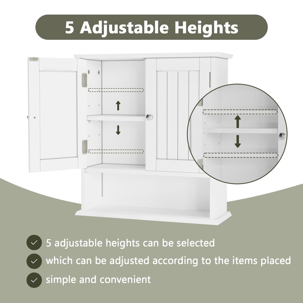 Smuxee white cabinet adjustable shelves flexibly adapt to tall bottles.