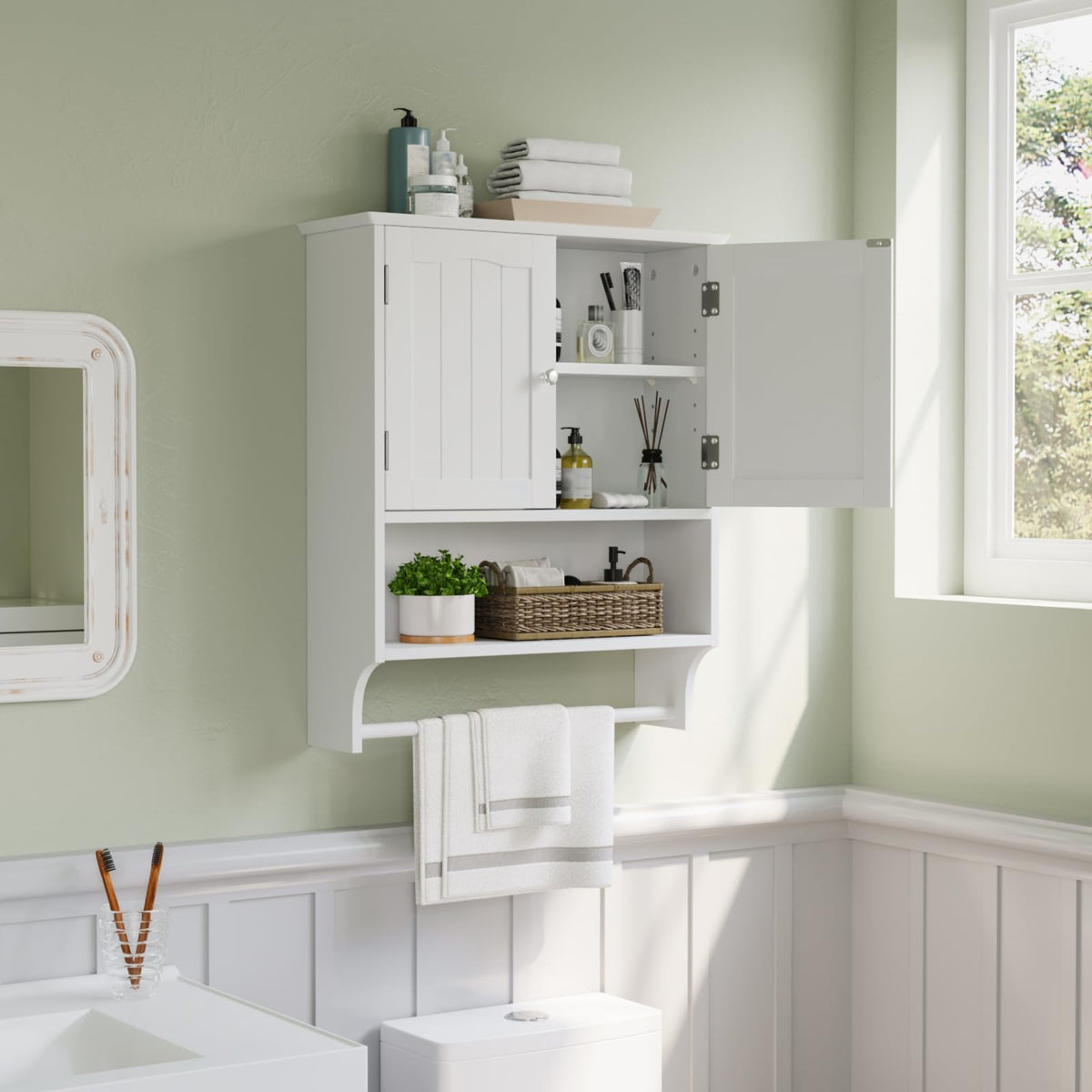 Smuxee white wall cabinet with towel bar for organized bathroom storage.