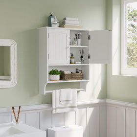 Smuxee white wall cabinet with towel bar for organized bathroom storage.