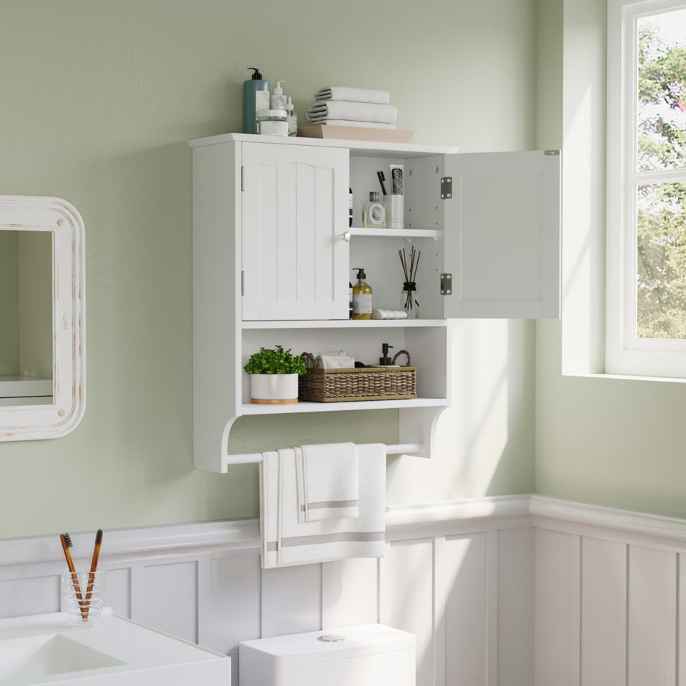 Smuxee white wall cabinet with towel bar for organized bathroom storage.