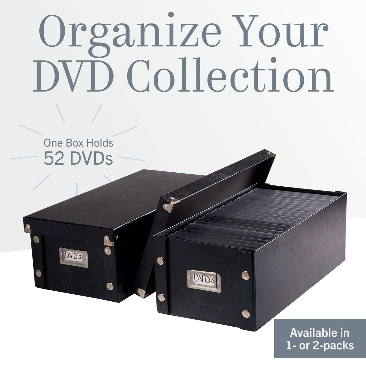 Snap-N-Store DVD storage box lids open for easy access to discs.