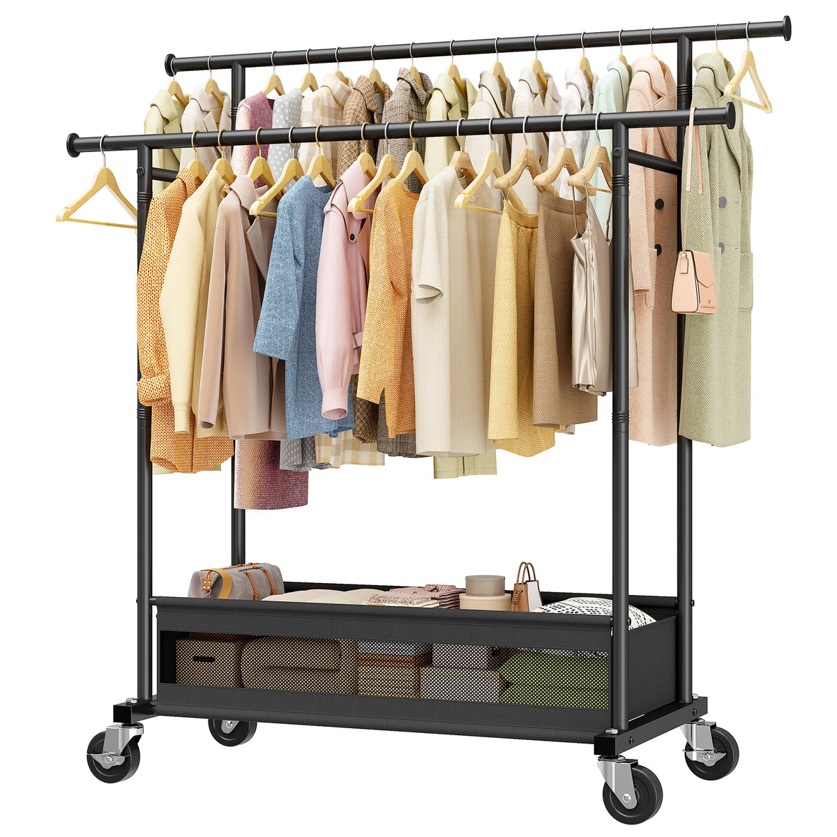 Snhomee clothes rack with double rod design for expanded hanging space and easy organization