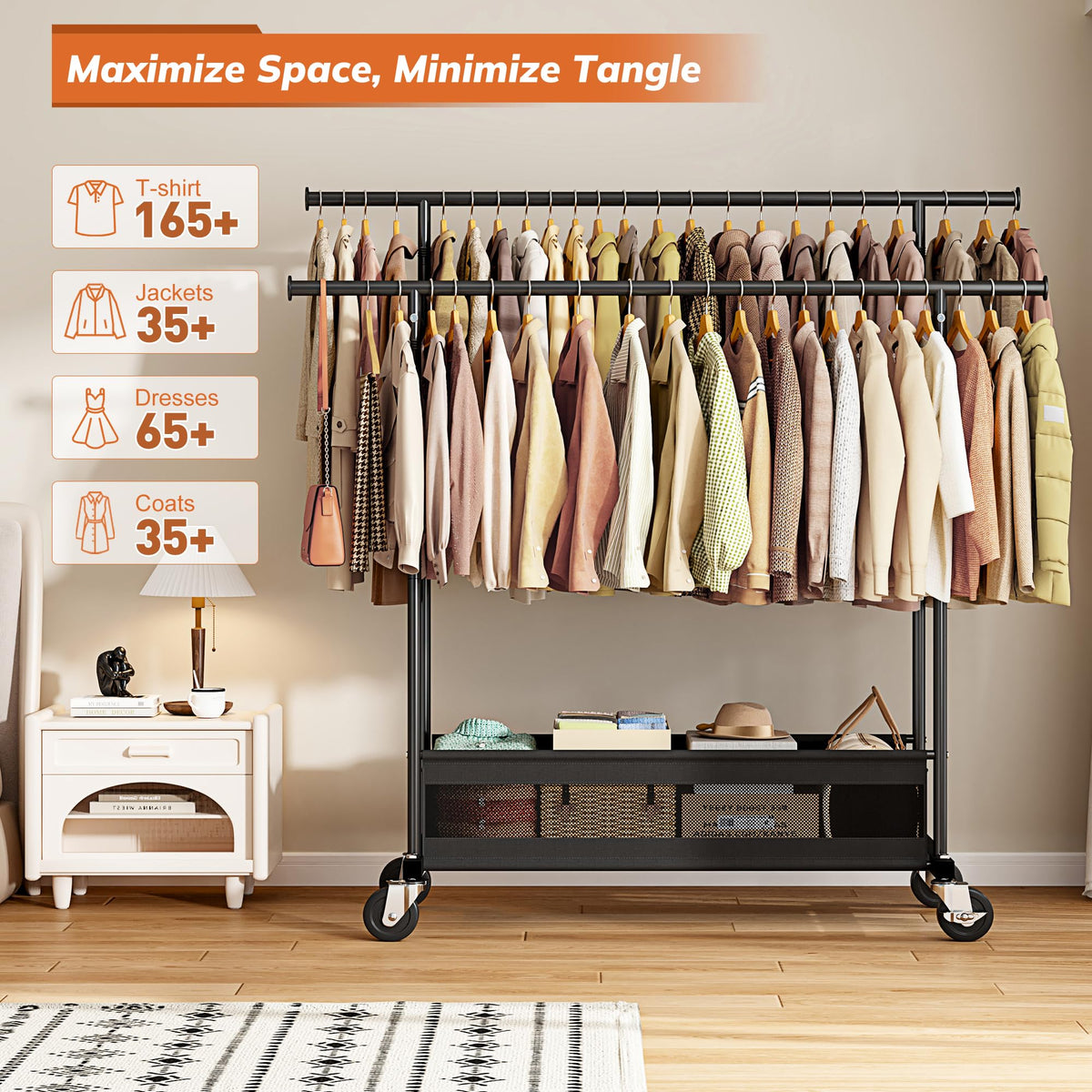 Snhomee rack showing side and extension rods for extra storage and versatile layout