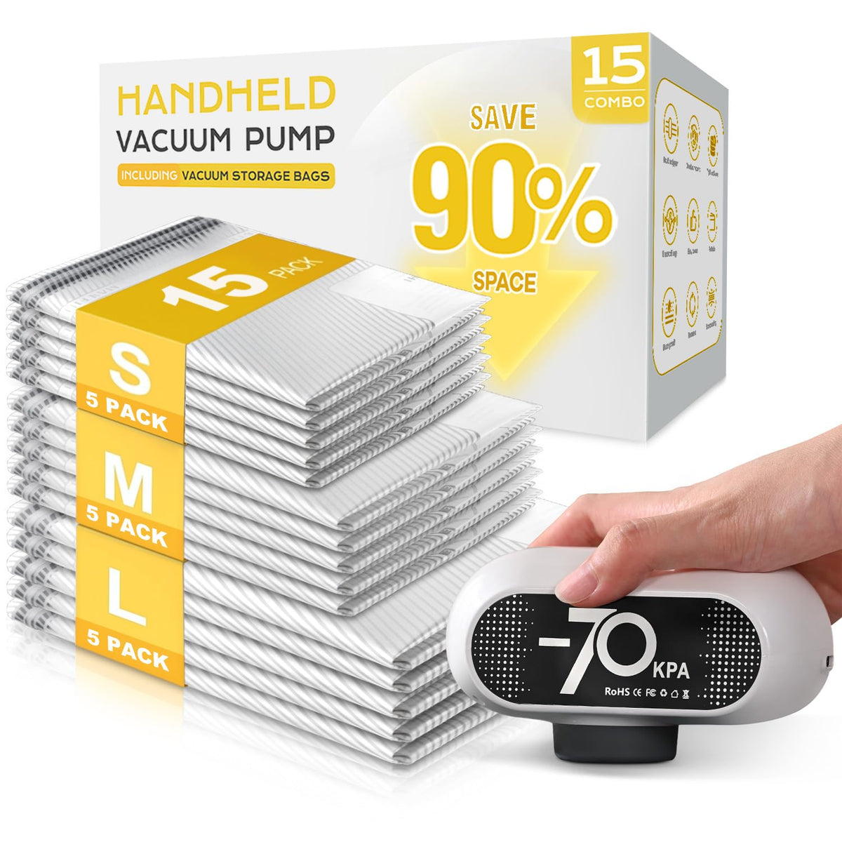 SNOCOD 15-pack vacuum bags with cordless pump for clutter-free packing