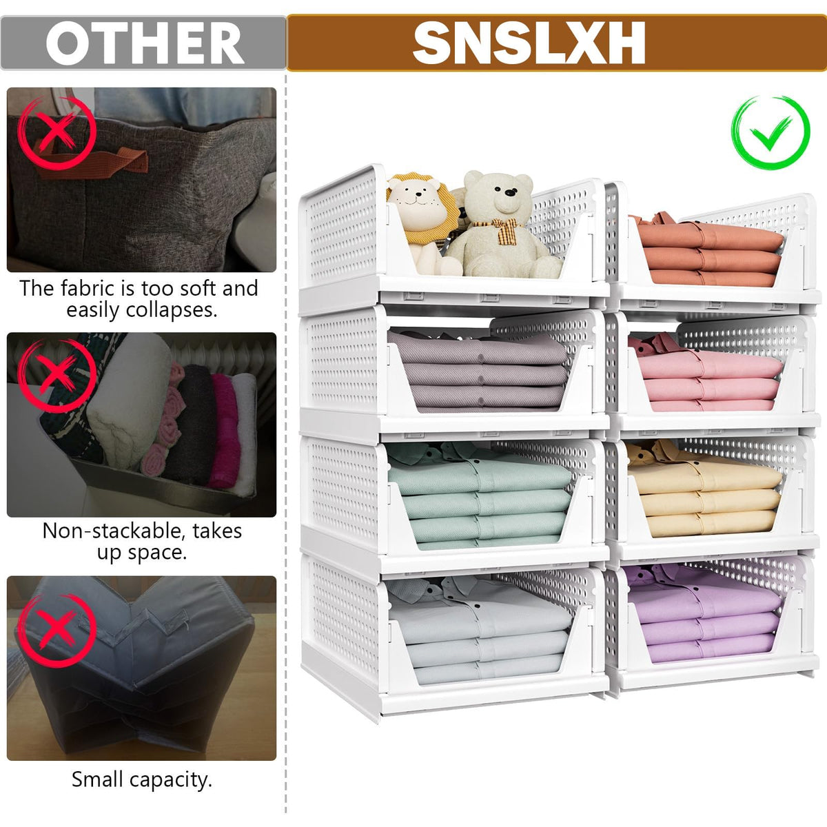 SNSLXH stackable closet basket close-up with reinforced seams for durability.