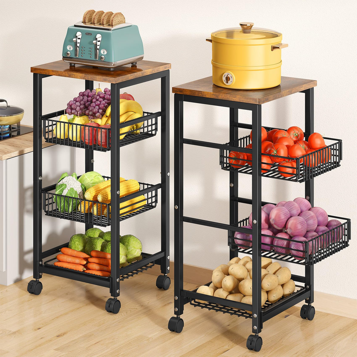 SNTD fruit basket with wood top offers durable organization for fresh produce