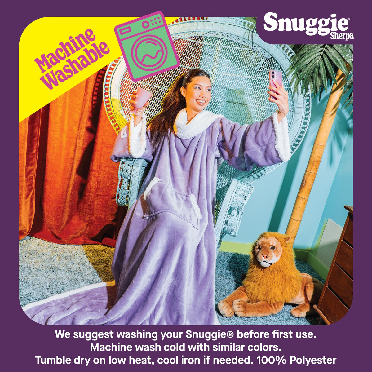 Snuggie machine washable for easy at-home care and repeated use.