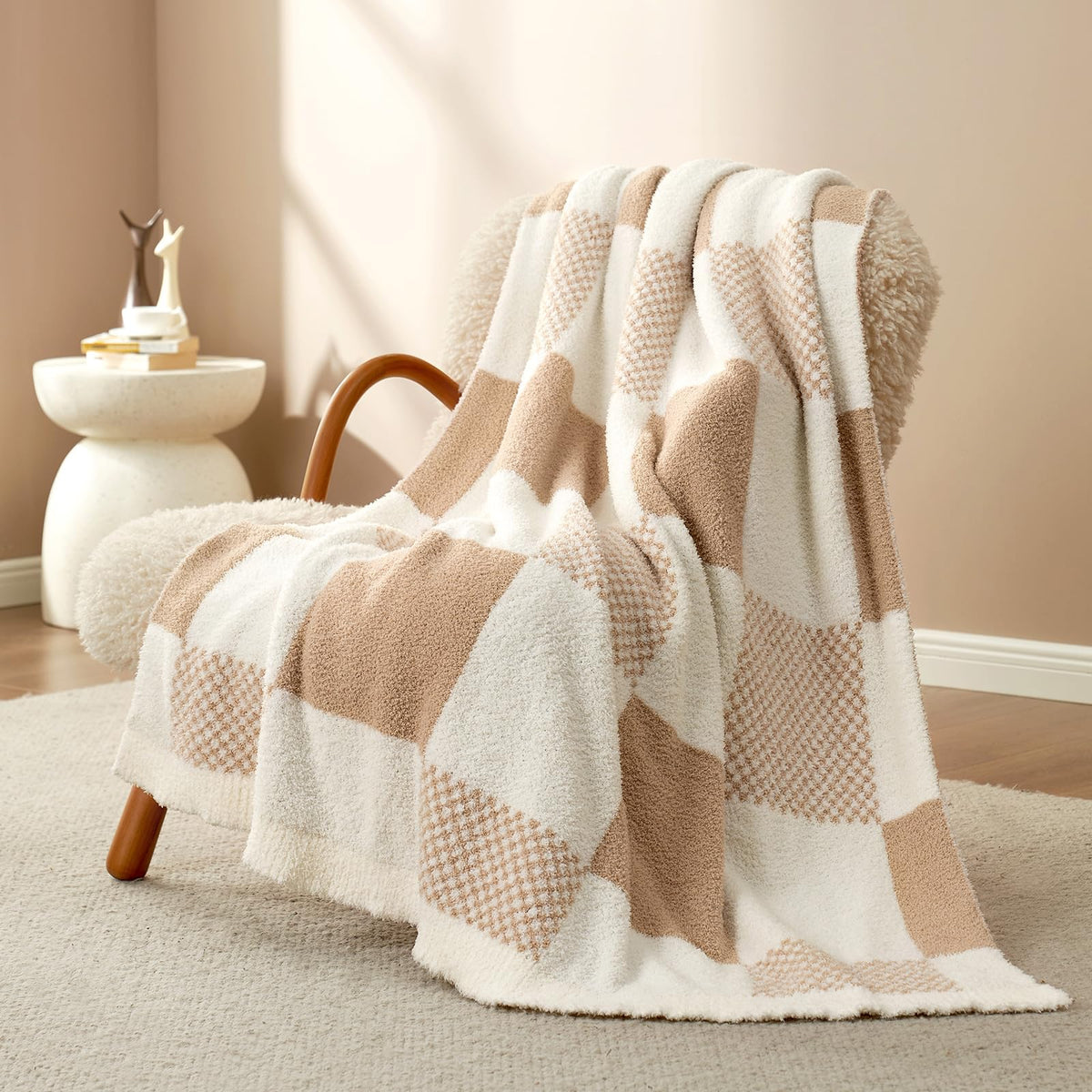 The Snuggle Sac checkered blanket beige throw close-up shows cozy fabric texture for warmth.