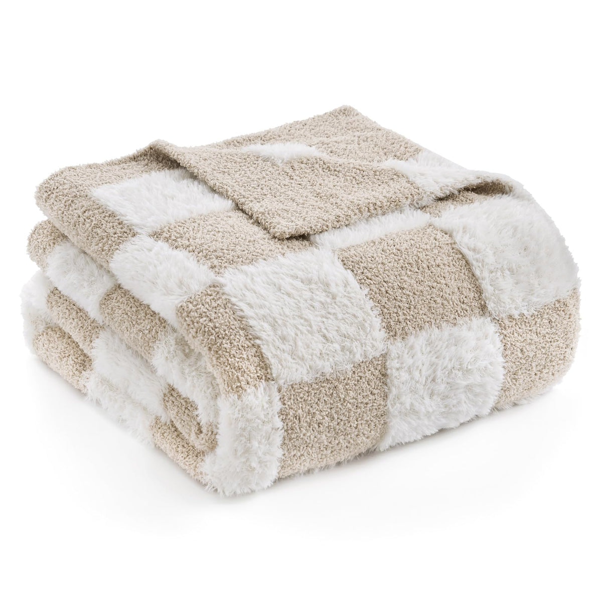 Snuggle Sac beige checkered throw on bed enhances cozy bedroom texture.