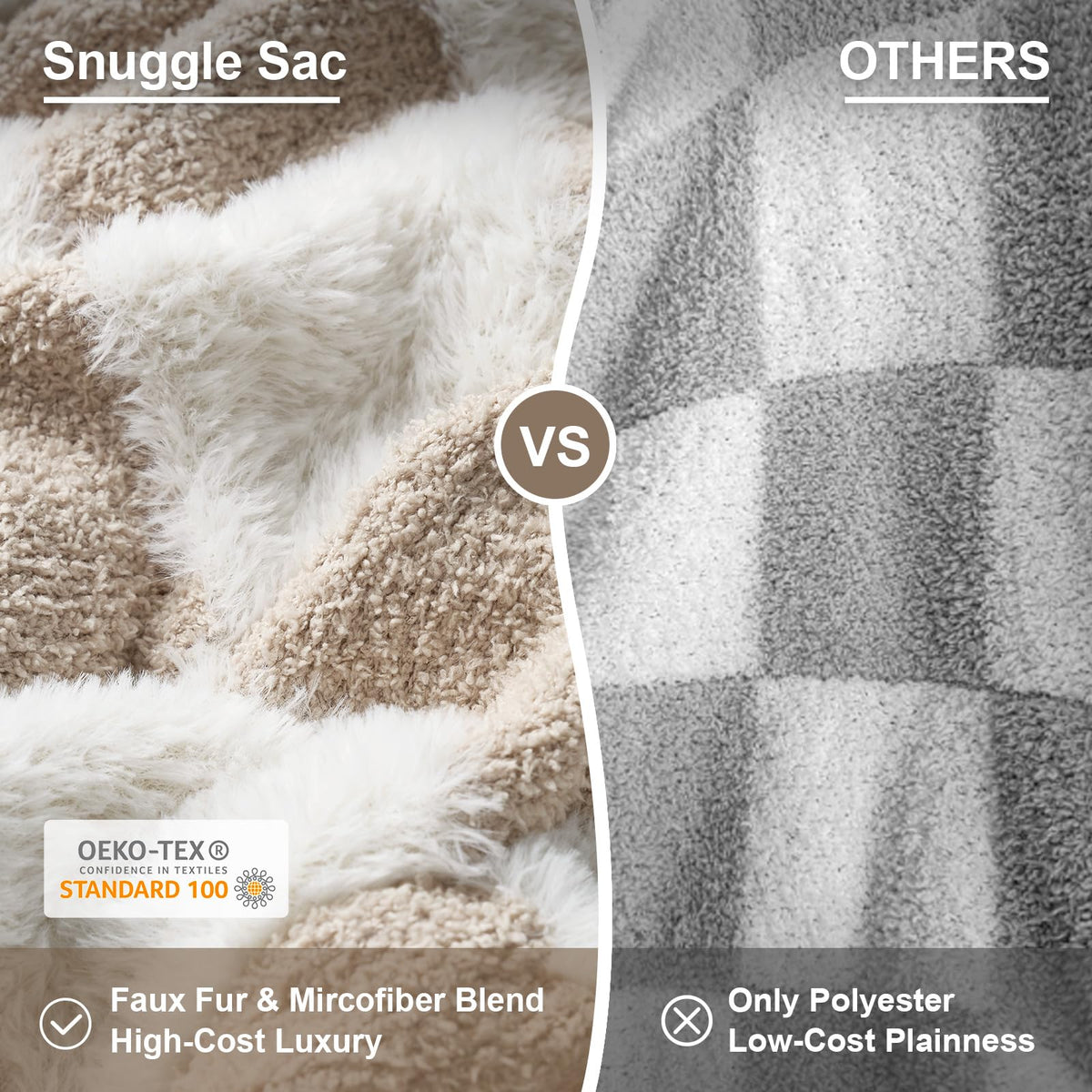 Snuggle Sac beige checkered throw on sofa adds inviting living room ambiance.