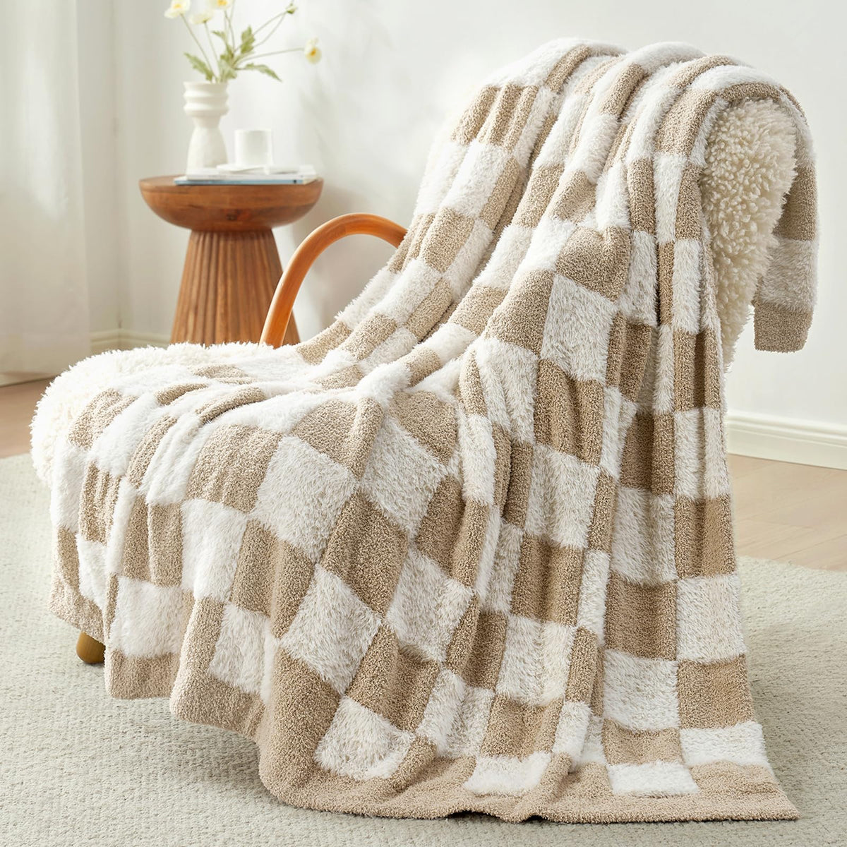 Snuggle Sac checkered throw blanket faux fur closeup shows luxury texture and warmth.