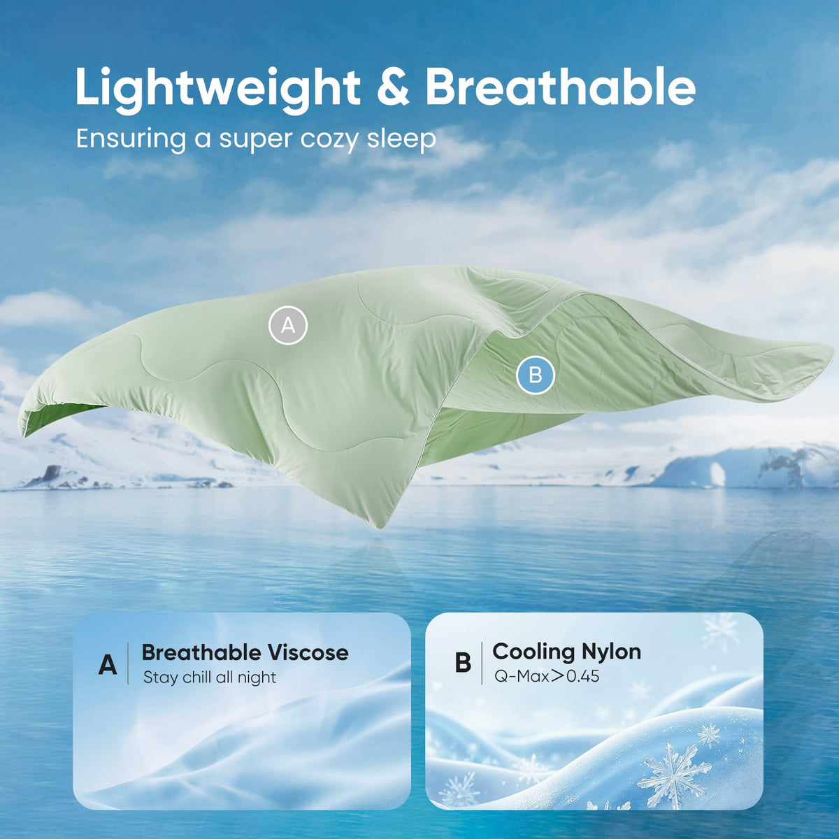 Snuggle Sac sage-green cooling comforter in twin on bed for night-long coolness