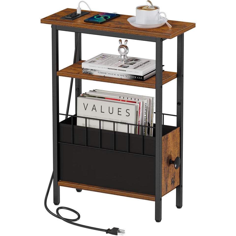 Snughome narrow side table with charging station beside sofa for convenient device charging