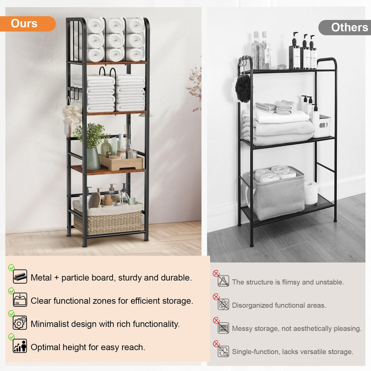 Snughome towel rack offers easy access to towels and essentials across four levels.