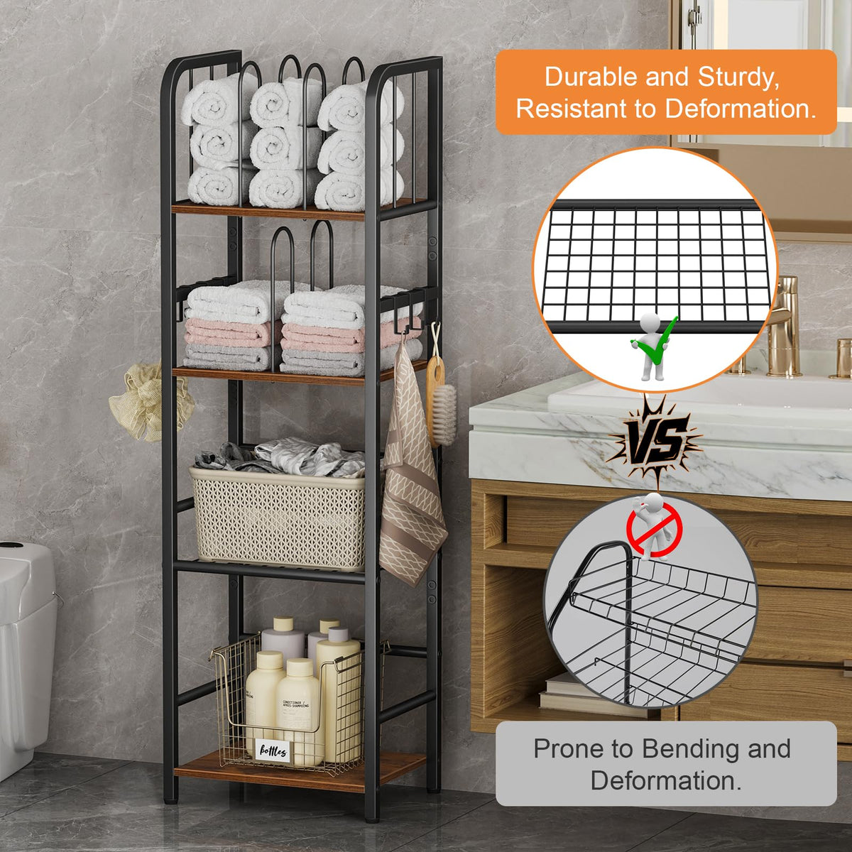 Snughome four-tier shelves keep towels, washcloths, and toiletries neatly organized and reachable.