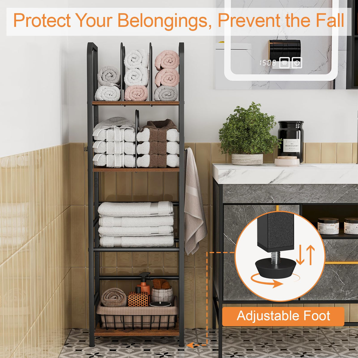 Snughome towel rack with sturdy iron frame and particle board base for durable bathroom storage.