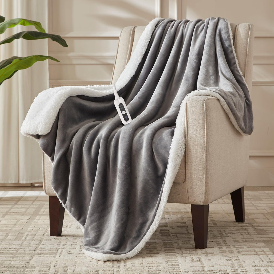 SNUGSUN heated blanket throw with soft fabric, London Grey, for cozy relaxation.