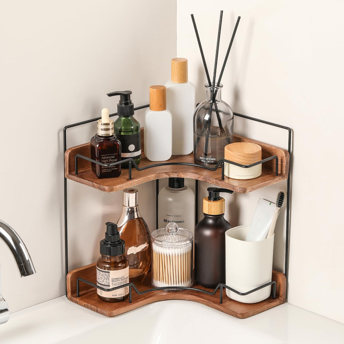 Snuvid 2-Tier Corner Bathroom Shelf keeps bottles organized in tight spaces.
