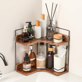Snuvid 2-Tier Corner Bathroom Shelf keeps bottles organized in tight spaces.
