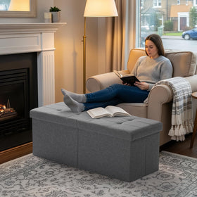 Snuvid 35-inch storage ottoman bench linen-look fabric close-up