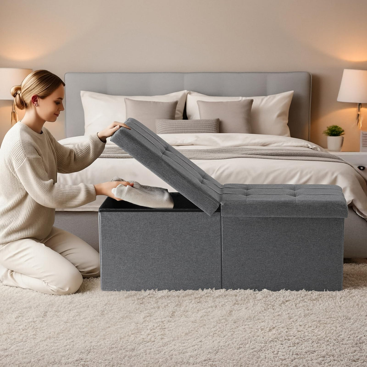 Snuvid 35-inch storage ottoman bench in living room used as multipurpose piece