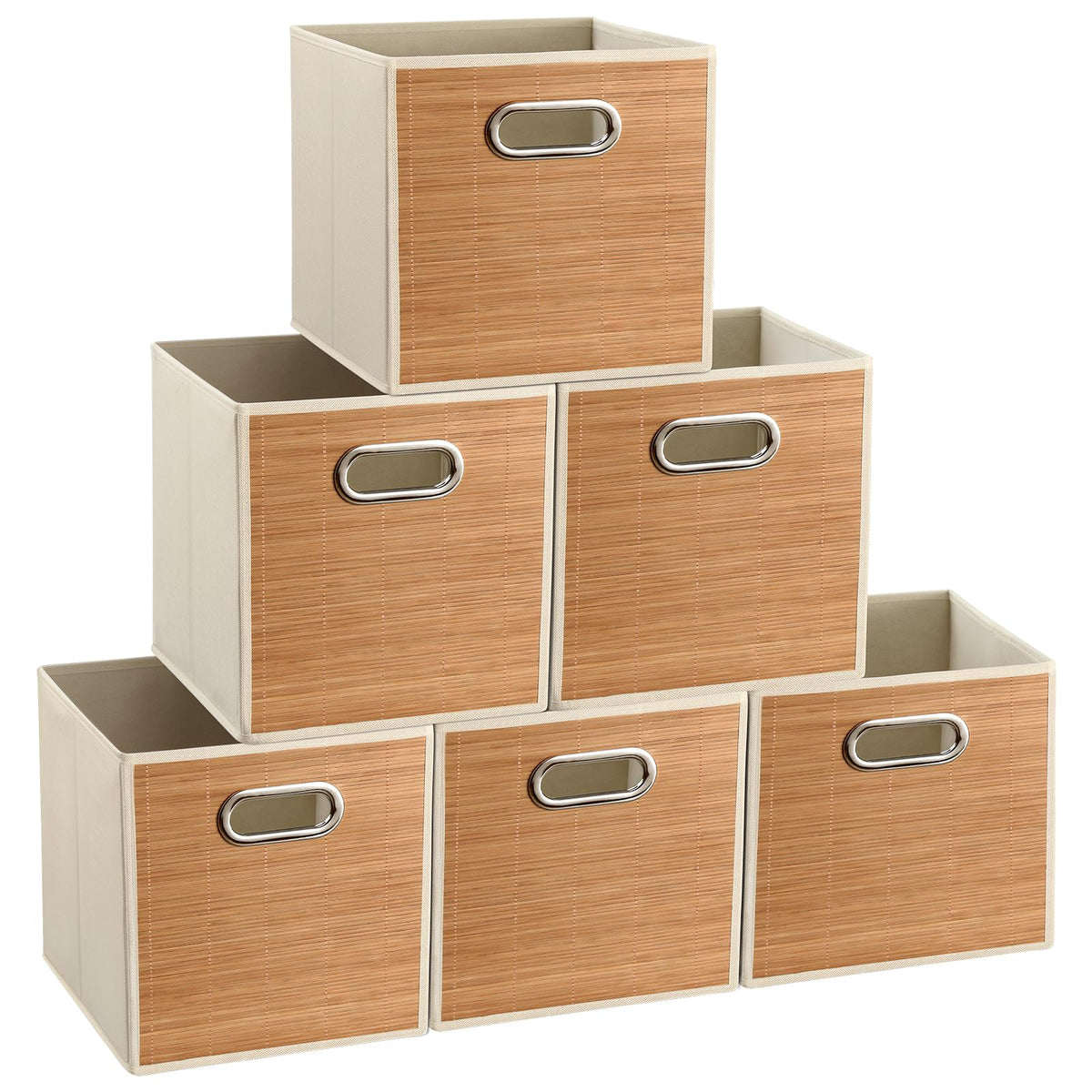 Snuvid bamboo storage cubes six-pack organized on a shelf.