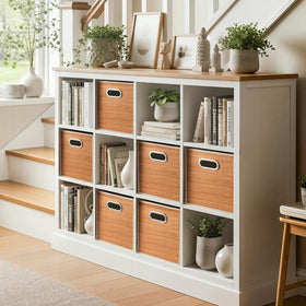 Snuvid six-piece cube storage on a shelf in a tidy room.