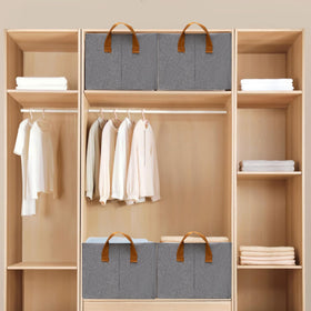 SNWDN 6 Pack Closet Bins gray on-shelf in a bedroom closet