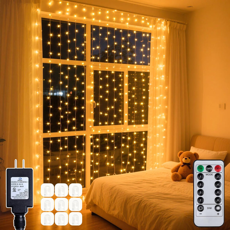 Soagrc curtain lights over bedframe provide a warm ambient glow.