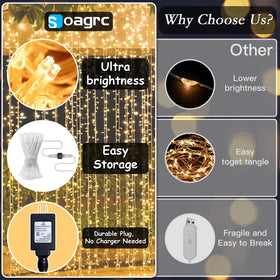 Soagrc curtain lights with 300 LEDs create a cozy atmosphere across windows.