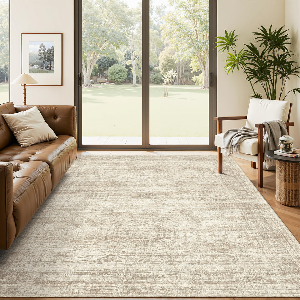 Soalmost 5x7 beige area rug with hexagon pattern adding warmth to living rooms