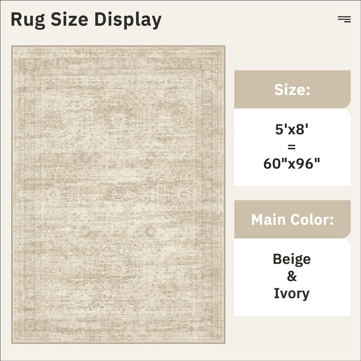 Soalmost 5x8 beige area rug bedroom ambience with warm tones.