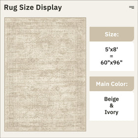 Soalmost 5x8 beige area rug bedroom ambience with warm tones.
