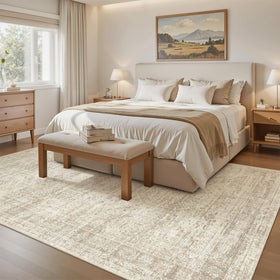 Soalmost 5x8 beige area rug close-up pile texture and softness.