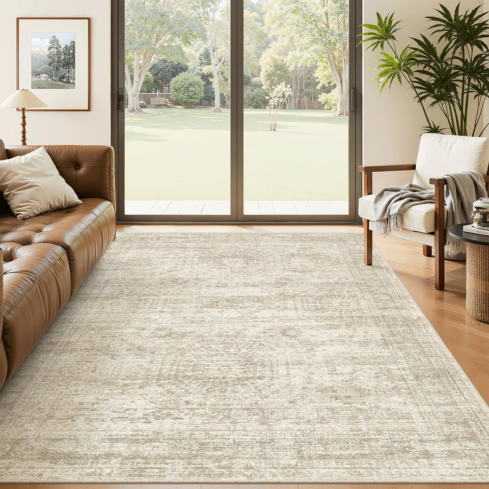 Soalmost 5x8 beige area rug front view, soft pile for cozy living spaces.