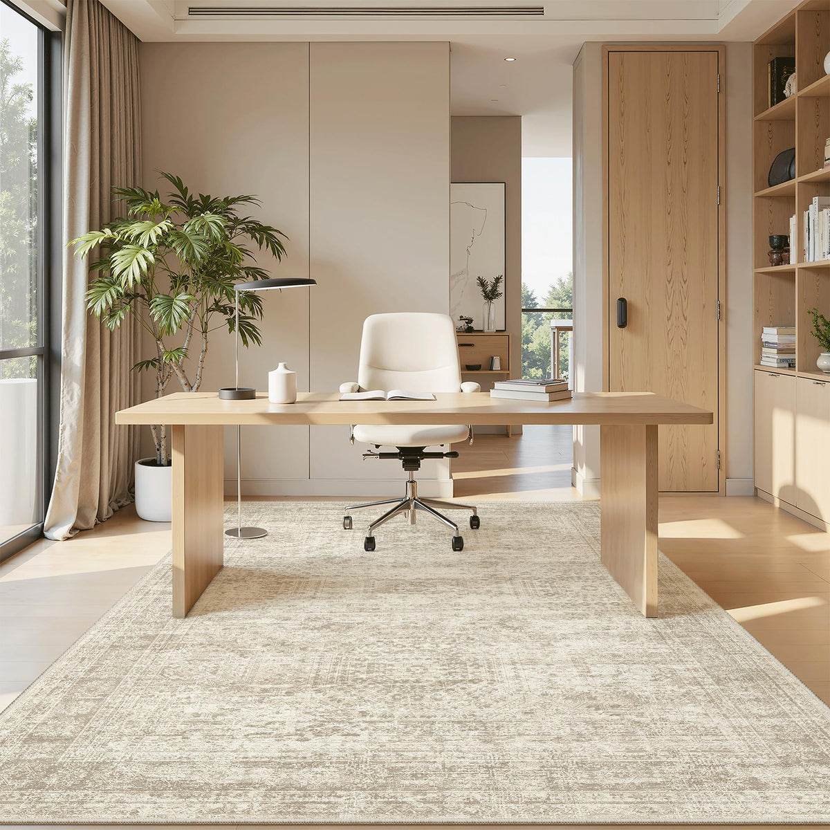 Soalmost 5x8 beige area rug in a living room setup with neutral décor.