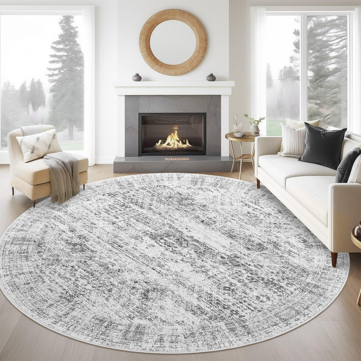 Soalmost 6x6 round rug with hex pattern adding texture to the living room