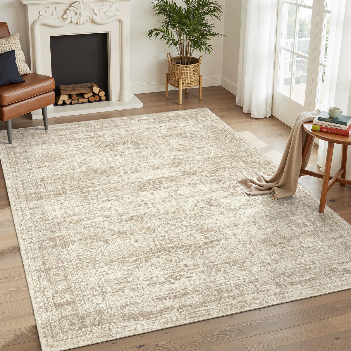 Soalmost 7x9 rug vintage hex pattern enhances interior decor.