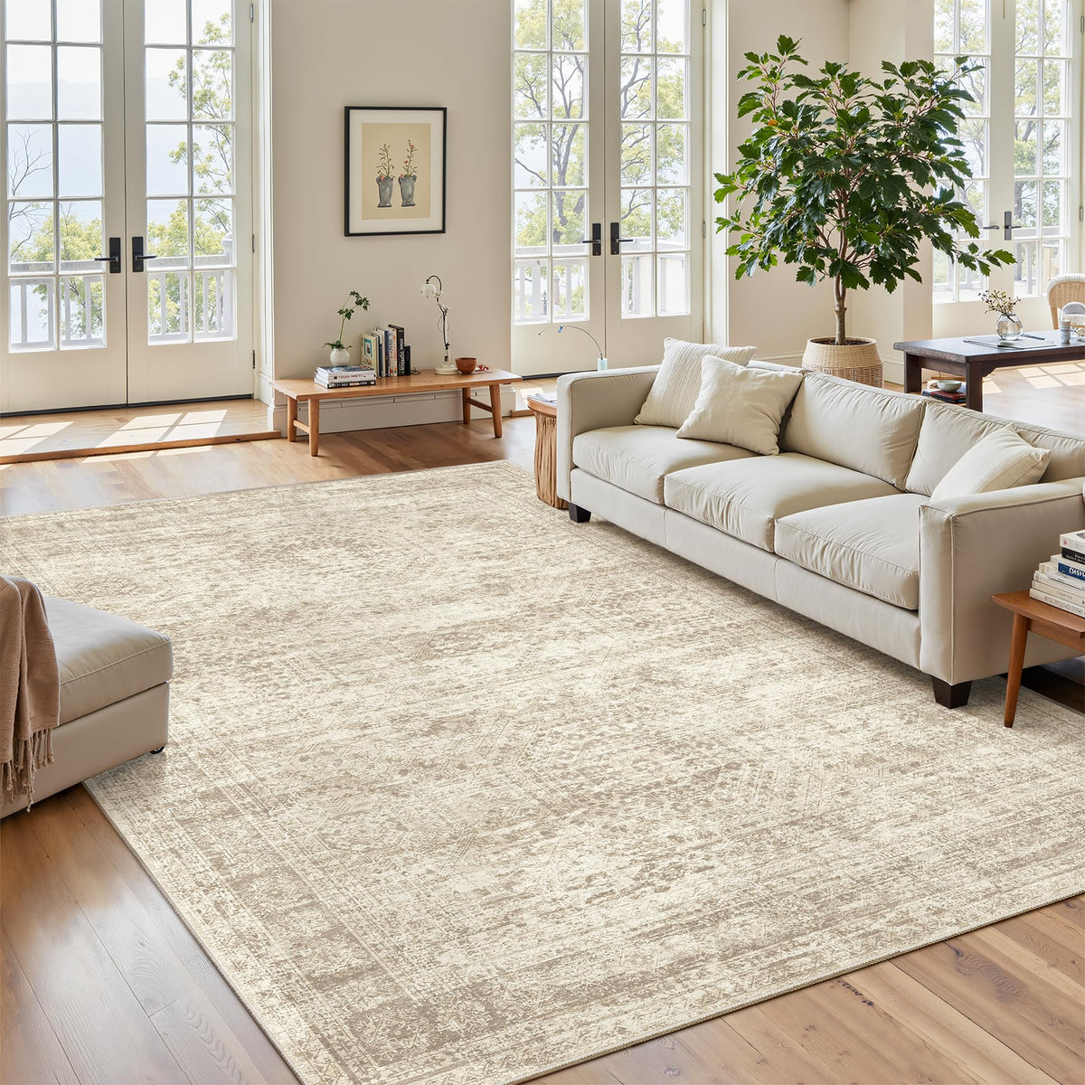 Soalmost 7x9 rug in living room with abstract beige design adds cozy ambiance.