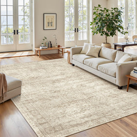 Soalmost 7x9 rug in living room with abstract beige design adds cozy ambiance.