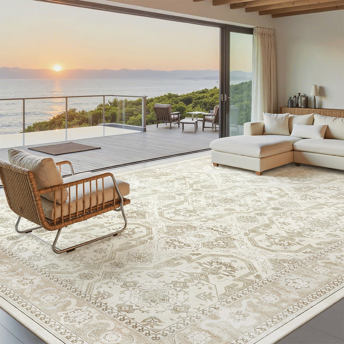 Soalmost 8x10 washable beige rug with easy cleaning for busy households.