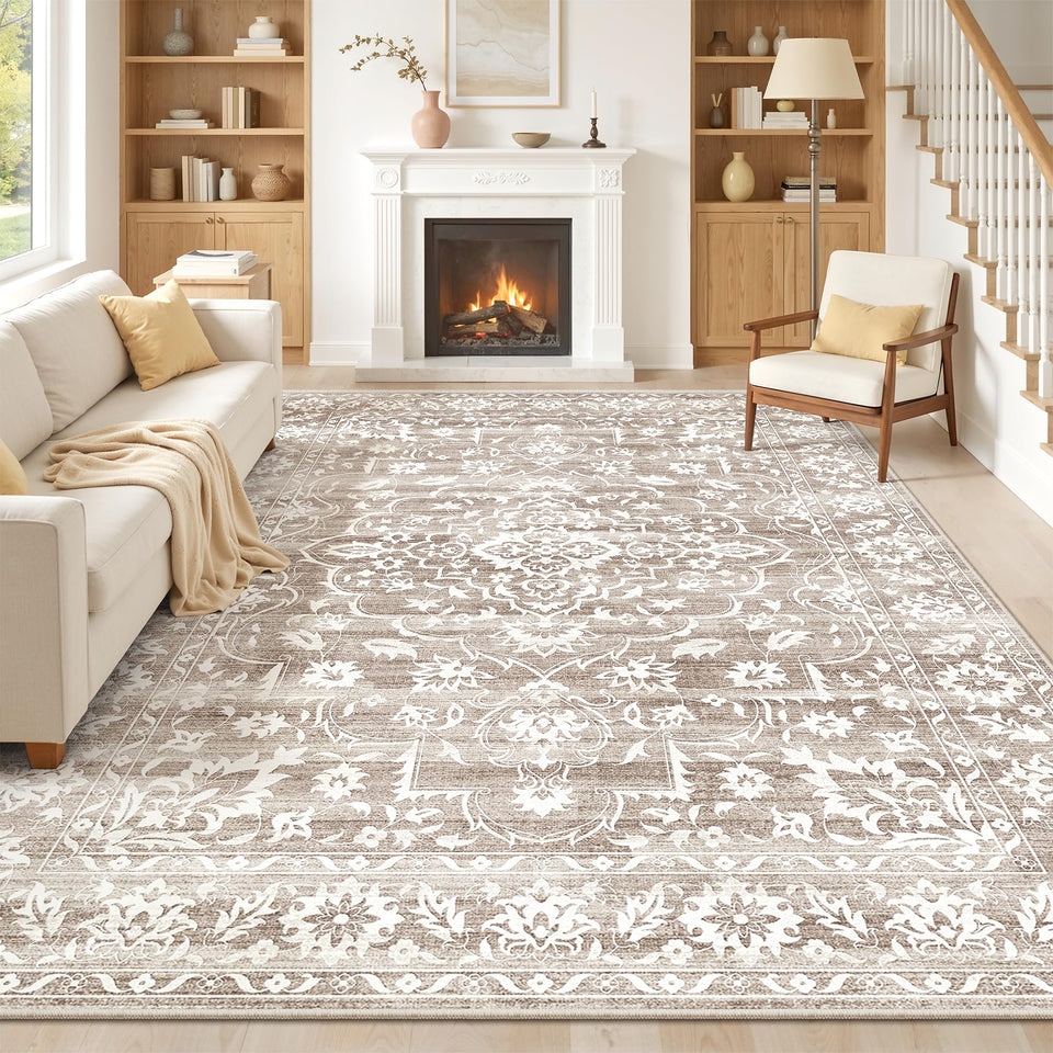 Soalmost 8x10 washable rug in living room with soft design and neutral tones.