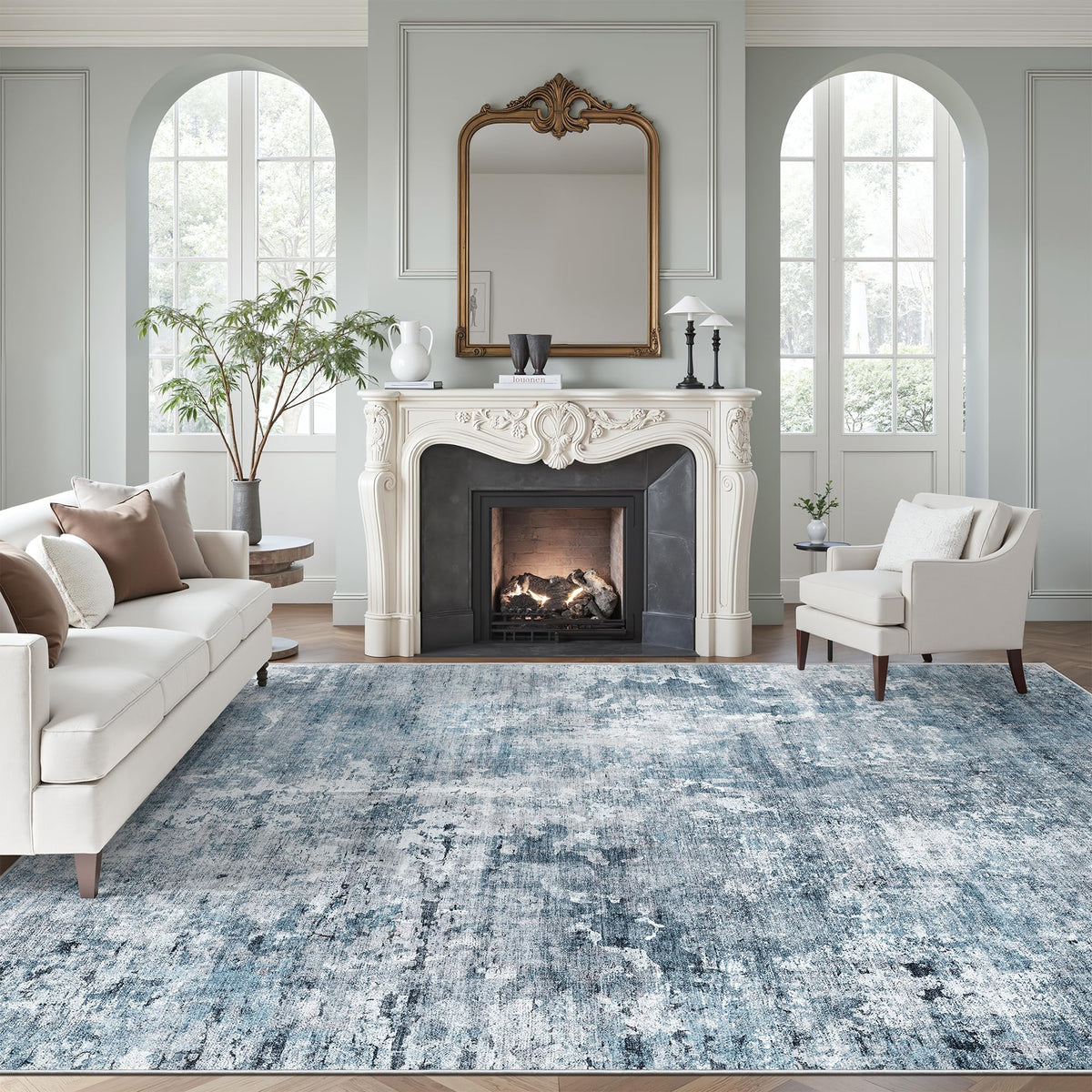 Soalmost Abstract Rug 8x10 in blue tones enhances a modern living space and cleans easily.