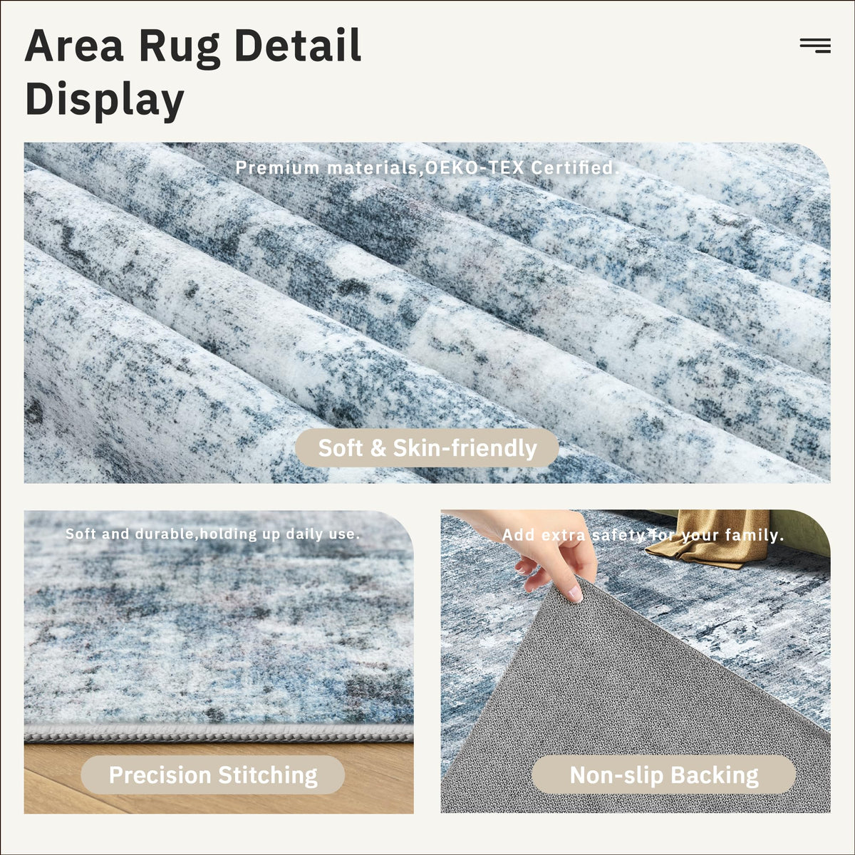 Soalmost Abstract Rug 8x10 non-slip backing secures placement on wood or tile floors.