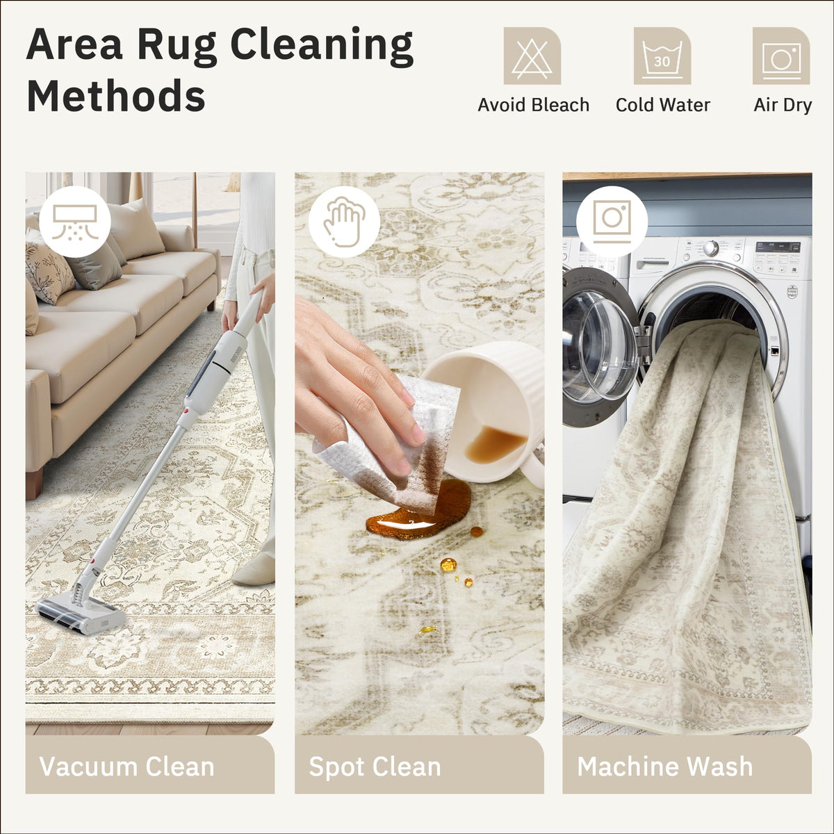 Soalmost crease-removal tips help rug settle after delivery.
