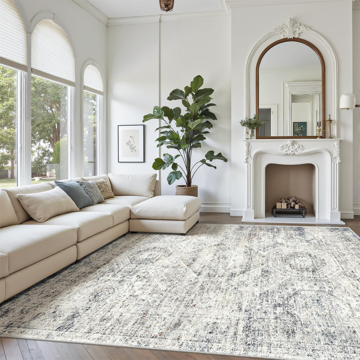 Soalmost hexagon-pattern rug 8x10 in blue ivory, stylish focal point with durable design.