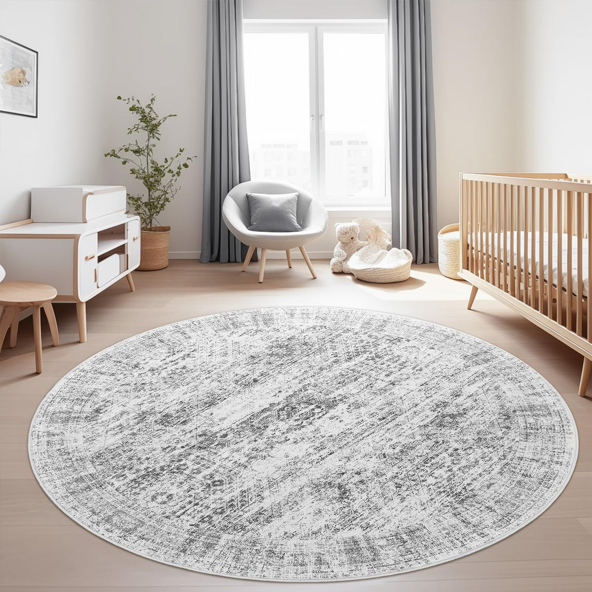 Soalmost round rug with non-slip backing for secure placement